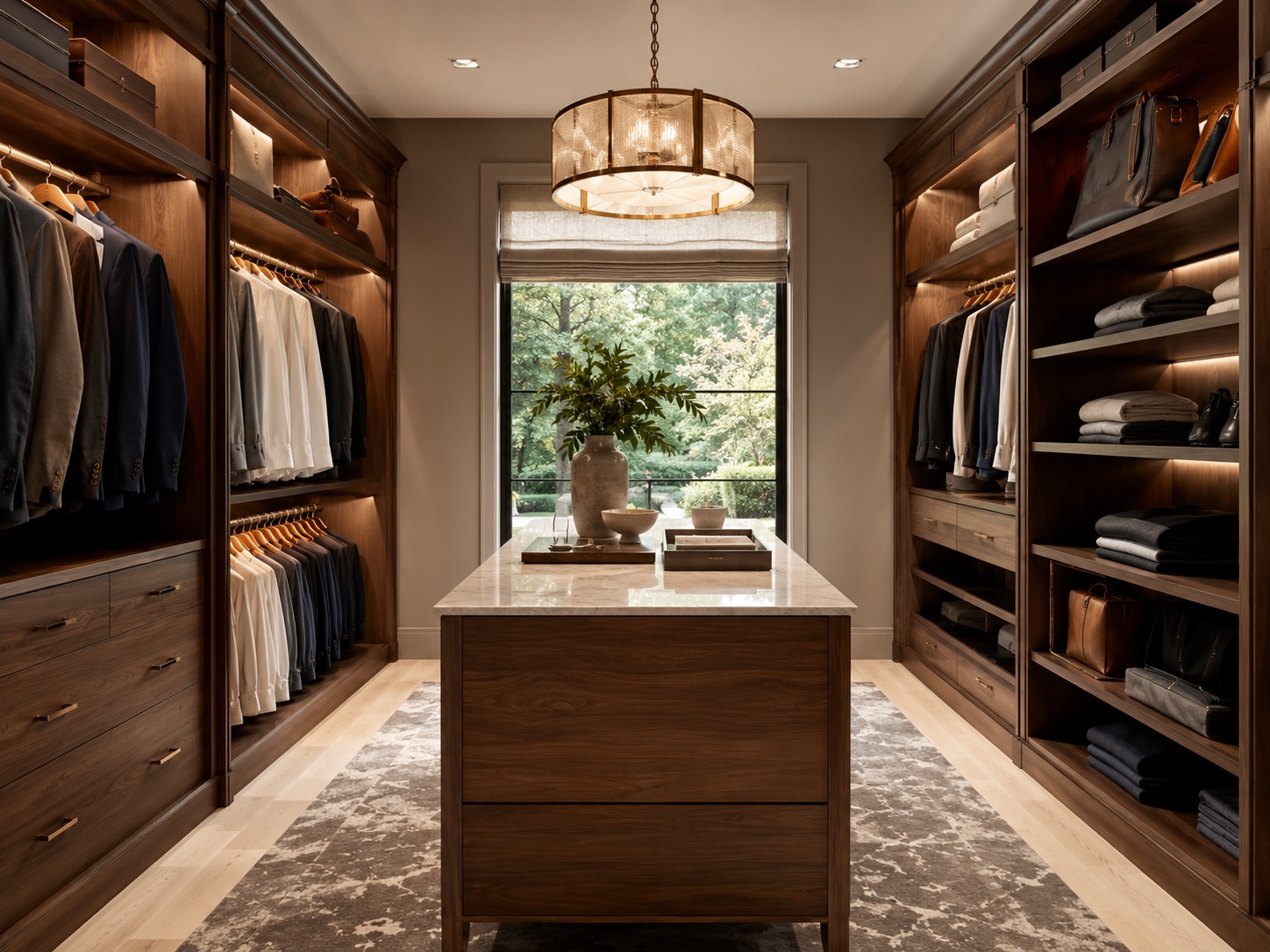 Custom walk-in closet build with warm wood cabinetry