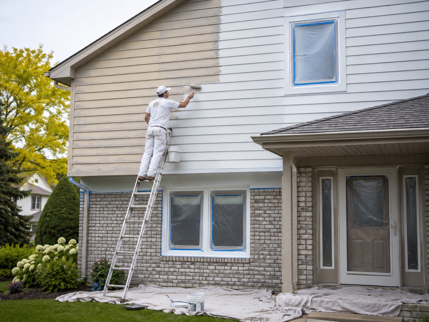 Exterior painter on a ladder painting an American home