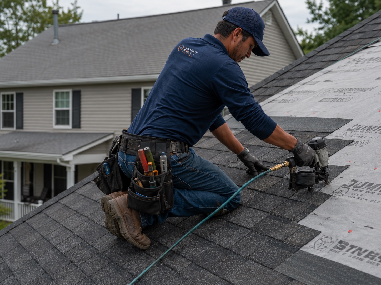 AI-generated roofer installing shingles